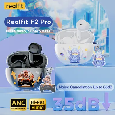 Realfit F2 Pro หูฟังบลูทูธ ANC ชุดหูฟังบลูทูธ V5.4ระบบสเตอริโอการยกเลิกเสียงเบสที่ยอดเยี่ยมพร้อมไมโครโฟนหูฟังเอียบัดไร้สาย