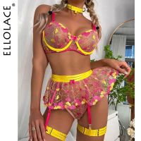 ZZOOI Ellolace Valentine Lingerie Fancy Beautiful Underwear Ruffle Garters Heart-Shaped Embroidery Transparent Bra Sensual Exotic Set