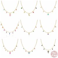 CANNER 100 S925 Sterling Silver Chain Necklace Enamel Crown Cross Star Moon Butterfly Pendant Necklaces For Women Birthday Gift