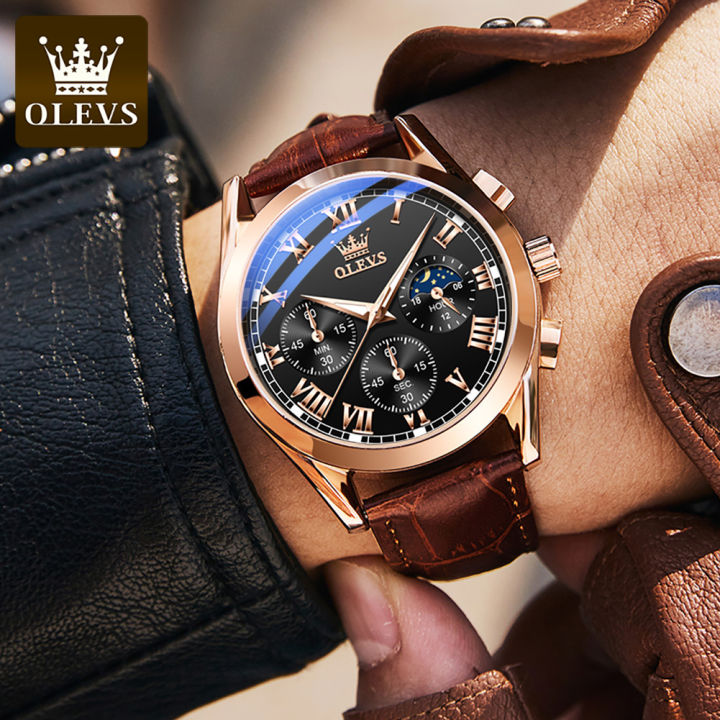 olevs-นาฬิกาอเนกประสงค์สำหรับชายขาย2021-original-กันน้ำนาฬิกาข้อมือหนังควอตซ์นาฬิกาส่องสว่างของขวัญสำหรับแฟน