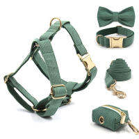 Dark Green Personalized Dog Harness Set Designer Gold Buckle Bow Collar Leash Poop Bag Gift for Puppy Male Dog Accessories