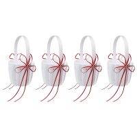 4X Double Heart Wedding Flower Girl Basket White Satin Rhinestone Decor Red Wedding Ceremony Party Favor