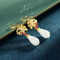 S925 Silver Gold Inlaid Hetian Jade Orchid Eardrops Womens Long Natural Magnolia Earrings Graceful and Fashionable White Jade E