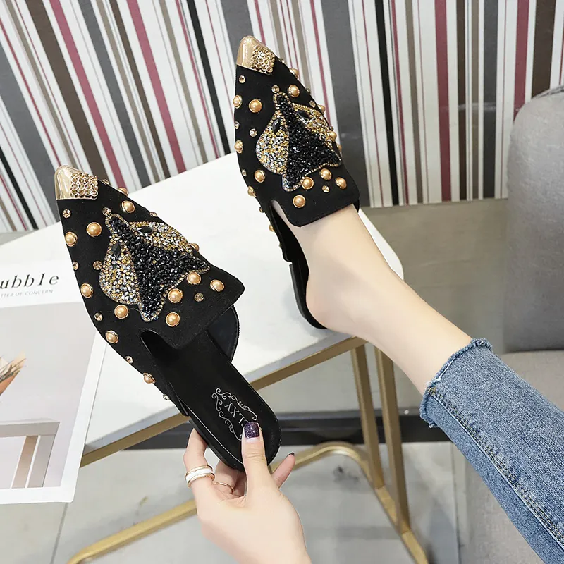 MANXIXI Brand Korean Version Flat Slippers Fashion Mules Shoes Beautiful  Fox Pearl Inlay Sandals For Women Black 37 | PGMall