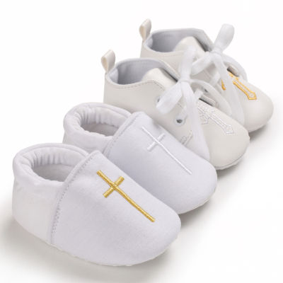 รองเท้าพิธีรับเข้าคริสต์เด็กแรกเกิดสีขาวรองเท้า0-18Month นุ่มสำหรับเด็กหญิงเด็กชายรองเท้าส้นสูงข้ามโบสถ์