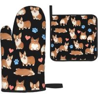 Cute Corgi Dog Heat Resistant Oven Mitts and Pot Holders Sets Non Slip Kitchen Gloves Hot Pads for Cooking BBQ Baking Grilling