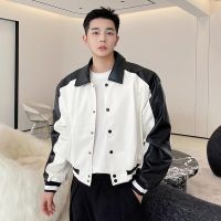 [COD]10.6Leather jacket male han edition lootive fall 2022 American black and white co แจ็คเก็ตหนังผู้ชาย 2022 ฤดูใบไม้ร่วงสไตล์อเมริกันสีดำและสีขาวตัดกันเสื้อแจ็คเก็ตปกมอเตอร์ไซค์สไตล์เกาหลี