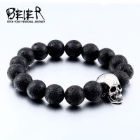 BEIER Pulseira Masculina เครื่องประดับหินลาวาสีดำผู้ชายหินธรรมชาติกำไลข้อมือสร้อยข้อมือรูปกะโหลกพังค์ร็อค HSS005เครื่องประดับ