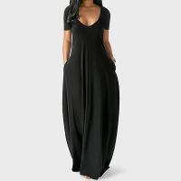 Summer Maxi Dress For Women Clothing 2023 Fashion Solid Color Sexy Deep V-neck Short Sleeve Casual Dress High Waist Pocket Robe