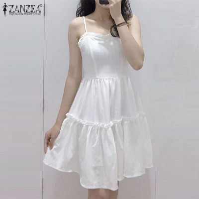 (จัดส่งฟรี)Fancystyle ZANZEA ชุดเดรสสไตล์เกาหลีสำหรับผู้หญิงสายสปาเก็ตตี้ลำลองสำหรับชุดเดรสชุดซันเดรสมีจีบ #9