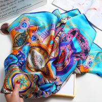 【CC】◄  Silk Scarves 2021 Real Bandana Floral Headscarf Print Kerchief Beach Neckscaf for 88x88cm