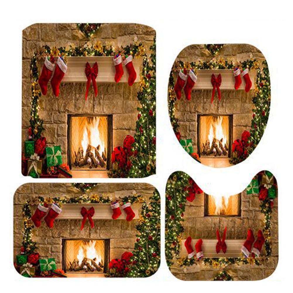 Christmas Fireplace Socks Shower Curtain Anti-slip Bathroom Toilet Carpet Cover 