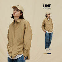 UNF 2023 ฤดูใบไม้ร่วงและฤดูหนาวสไตล์ใหม่แบรนด์แฟชั่นสีทึบกระเป๋าเสื้อหลวมสบายๆแขนยาวเสื้อเชิ้ตผู้ชาย