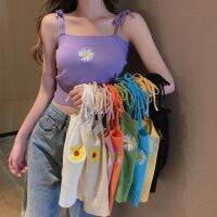 [A LIKE] 9สีผู้หญิงปักดอกไม้ Crop TopsKnitted Camisole แขนกุด Tee เสื้อ Camis พร้อมสายรัดลูกไม้