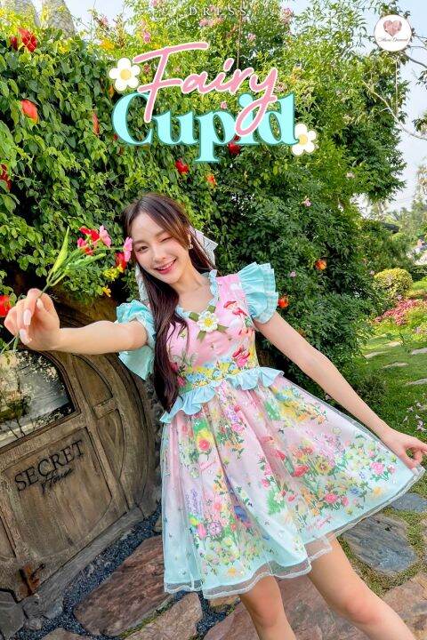 fairy-cupid-dress-เดรสพิมพ์ลายเเต่งระบายเอวปลายกระโปรงเเต่งซีฟองลูกไม้1-ชั้น-ตัวนี้ใครเห็นก็ต้องทัก