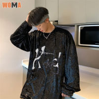 WOMA เสื้อยืดแขนยาวผู้ชาย เสื้อผู้ชายคอกลมลำลองอินเทรนด์บุคลิกภาพ เสื้อสเวตเตอร์แบบบางทรงหลวมสไตล์เกาหลี ผ้ากำมะหยี่ คุณภาพสูง