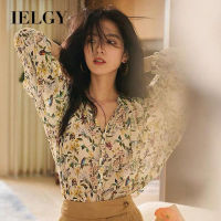 IELGY เสื้อสตรีผ้าชีฟองแขนพองหลวม,เสื้อคอวีลายดอกไม้ฝรั่งเศส