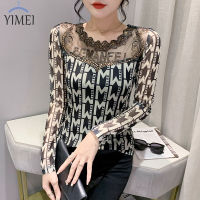 YIMEI เสื้อซับในแขนยาวสำหรับฤดูใบไม้ร่วง/ฤดูหนาวเสื้อลูกไม้กลวงเซ็กซี่คอวีพิมพ์ลายเสื้อยืดผ้าตาข่ายเพชรยอดนิยมแฟชั่นใหม่2023