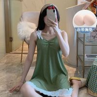 【 WYIN kitchen】 Summer Sleeveless Knitted Elegant Womens Nightgowns Nighttie Female Sleepshirts with Chest Padded Ladies Dress