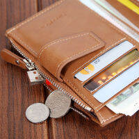 Hengsheng กระเป๋าสตางค์ผู้ชายปุ่มสั้น wallet กระเป๋าใส่เหรียญแฟชั่นหนังแว็กซ์น้ำมันซิปความจุสูงส่งตรง