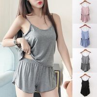 Mode Shop HangQiao Women Fashion Solid Color Pajamas Shorts Crop Tops Sleeveless Set Summer pyjamas women