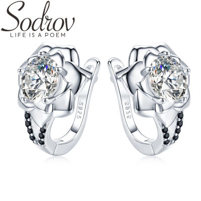 Sodrov 925 Sterling Silver Round Black Trendy Spinel Engagement Flower Hoop Earrings for Women Fine Jewelry Bijoux I152