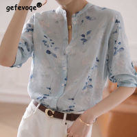 【YY】Summer New Stand Collar Vintage Floral Lady Shirt Single Breasted 34 Sleeve Chiffon Blouse Femme All-match Chic Women Clothing