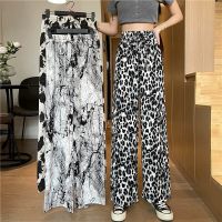 Chiffon ink painting tie-dyed trousers womens summer thin casual ice silk trousers draping pants straight tube wide leg pants