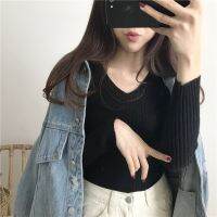 Spring Autumn Style V-Neck Knitted Long-Sleeved Sweater Slim-Fit Warm Simple All-Mat