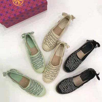 Womens Shoes with Letter Binding, Straw Woven Hemp Rope Sole, Fishermans Shoes, Bow Tie Flat Sole, Single Shoe, Pedestrian Patterned Shoes