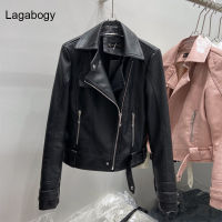 Lagabogy ใหม่ฤดูใบไม้ผลิฤดูใบไม้ร่วงผู้หญิง PU หนังนุ่มแจ็คเก็ตแขนยาว Punk Coat กับเข็มขัดหญิง Biker Moto Slim Outwear