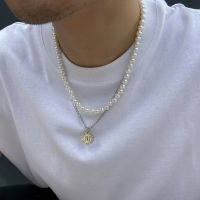 Hip Hop Punk Chain Choker Necklace Set for Men Vintage Pearl Necklaces Double Layer Number Medal Pendant Men Jewelry Collar Gift Fashion Chain Necklac