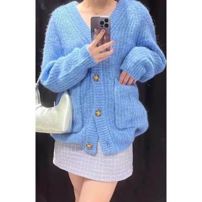 ZARAˉ ZA New Autumn Blue Single-Breasted Ribbed Long-Sleeved Loose Sweater Sweater Jacket 9598154 400