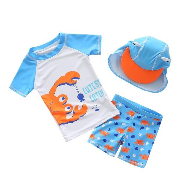 ชุดเสื้อผ้าในฤดูร้อนเด็กชายสำหรับเด็กชุดว่ายน้ำลายการ์ตูน3ชิ้นชุดจั๊มสูทมีซิปพร้อมหมวก-upf-50ป้องกันแสงแดดชุดว่ายน้ำเด็กชุดป้องกันผื่น