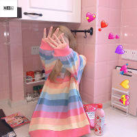 large size mid-length long sleeve hoodless t-shirt rainbow striped fashion student blouse color striped female tops