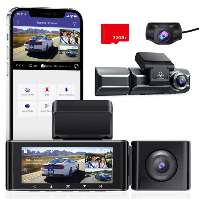 กล้องติดหน้ารถยนต์ติดแผงหน้าปัด M550 3ช่องด้านหน้าด้านหลัง2K + 1080P + 1080P DVR แผงหน้าปัดรถยนต์กล้องวิดีโอกลางคืนมี GPS Wi-Fi ในตัวพร้อมการ์ด32GB