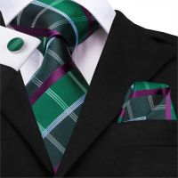 Hi Tie New Fashion Plaid Tie 39;s for Men Green Silk Mens Tie Handky Cufflinks Tie Set For Business Wedding Part