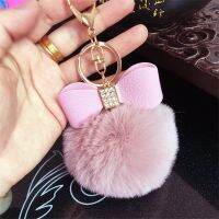 Cute Fluffy Pompom Keychains Rhinestone Pu Leather Bow Keyring Handbag Pendant Accessorie Waist Hanging Car Motorcycle Trinket