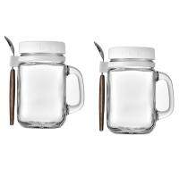 2 Pieces Glass Containers with Handle and Spoon, Glass Storage Jars , Reusable Leak-Proof Cups for Travelling