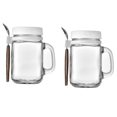 2 Pieces Glass Containers Oatmeal Bowl with Handle and Spoon, Glass Storage Jars , Reusable Leak-Proof Cups for Travelling