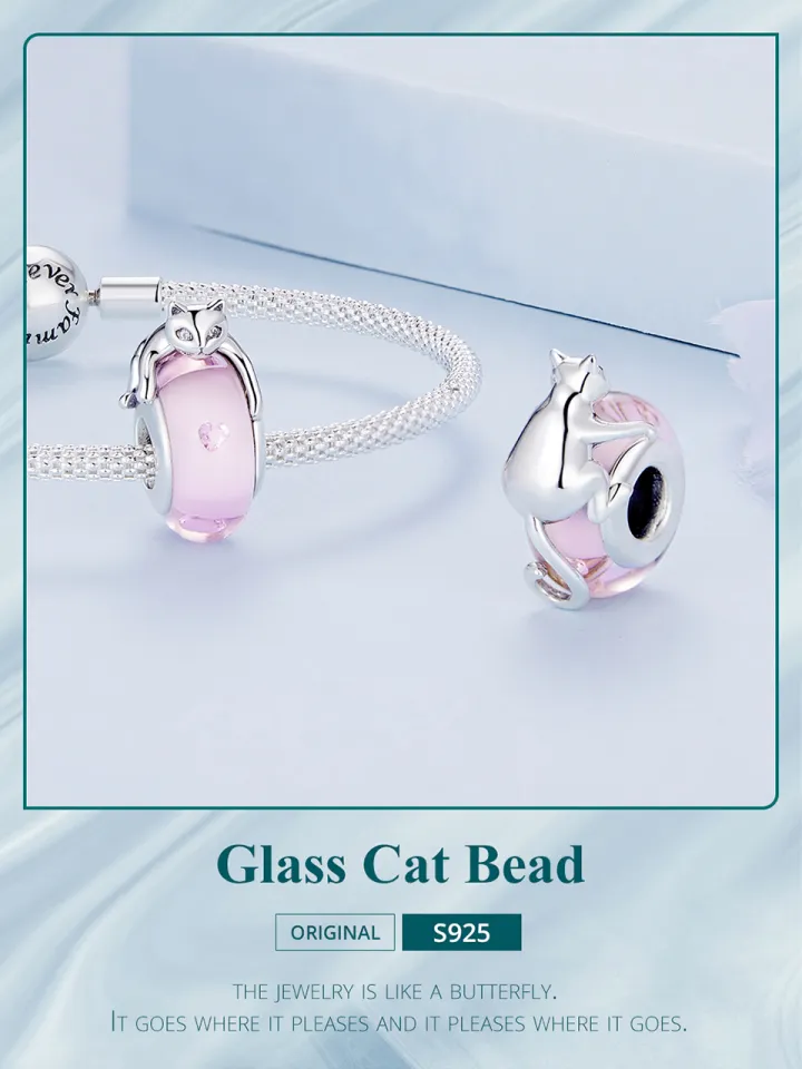Pink Glass Beads Silver Cat Charms