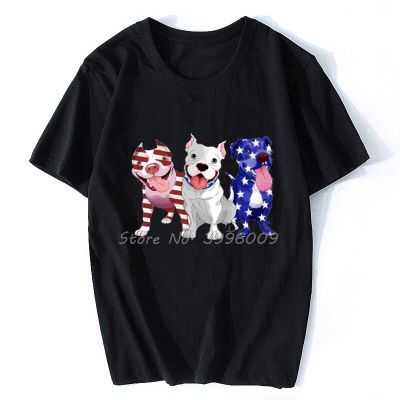 Three Pitbulls American Us Flag 4Th Of July T-Shirt Men Cotton T Shirt Hip Hop Tees Tops Tshirt Harajuku Streetwear