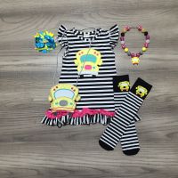 Girlymax Back To School Baby Girls Boutique Kids Clothing School Bus Dress Cotton Stripe Ruffle Match Socks &amp;Purse Bow Necklace