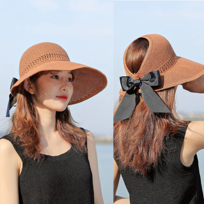 【CANTR】หมวกฤดูร้อนใหม่ที่บังแดดดวงอาทิตย์กลวงหญิงเส้นด้ายสุทธิโบว์หมวกกันแดดกลวงใหญ่หมวกฟาง