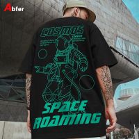 เสื้อยืดพรีเมี่ยมAbfer Cosmos Graphic T Shirts Black Hip Hop Oversized T-shirt Mens Astronaut Space Roaming Printed T-shirts Cotton Harajuku Tee