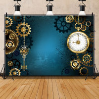 Laeacco Old Steampunk Golden Gears Silver Key Clock Gradient Color การถ่ายภาพเด็กพื้นหลังฉากหลังสำหรับ Photo Studio