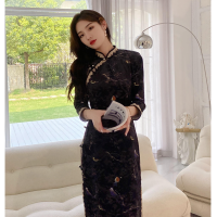 2022 Vintage Women Traditional Chinese Cheongsam Dresses Elegant Velvet Pearl Buttons Side Split Long Qipao Party Evening Dress