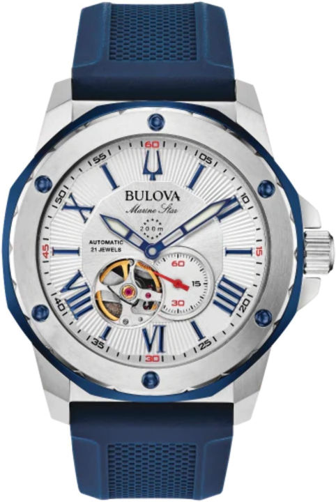 ‎Bulova Mens Bulova Marine Star Automatic Blue Silicone Strap Watch 98A225