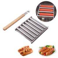 Hot Dog Roller สแตนเลสไส้กรอก Roller Rack Extra ยาวไม้ Handle BBQ Hot Dog Griller สำหรับอย่างสม่ำเสมอ