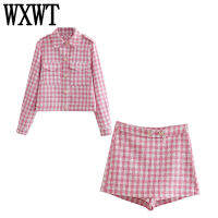 WXWT Fashion Women Elegant Plaid Print Single Breasted Blazer Suits With High Waist Short High Quality Womens Sets OP9879